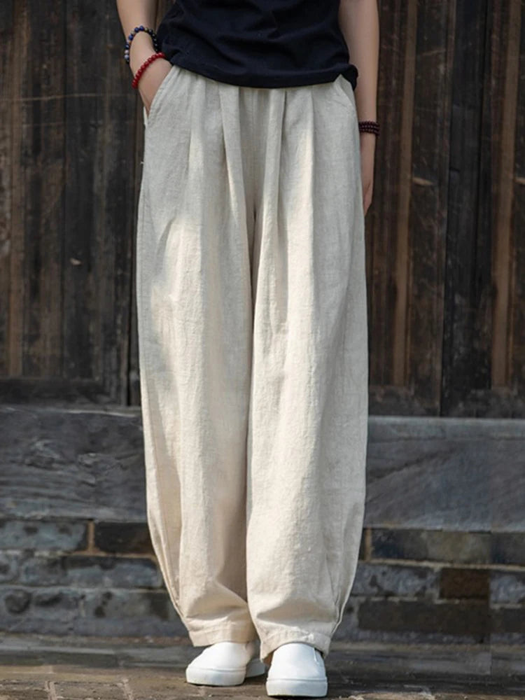 Johnature Women Loose Cotton Linen Casual Pants Solid Color Elastic Waist Lantern Pants 2025 Spring New Female Trousers