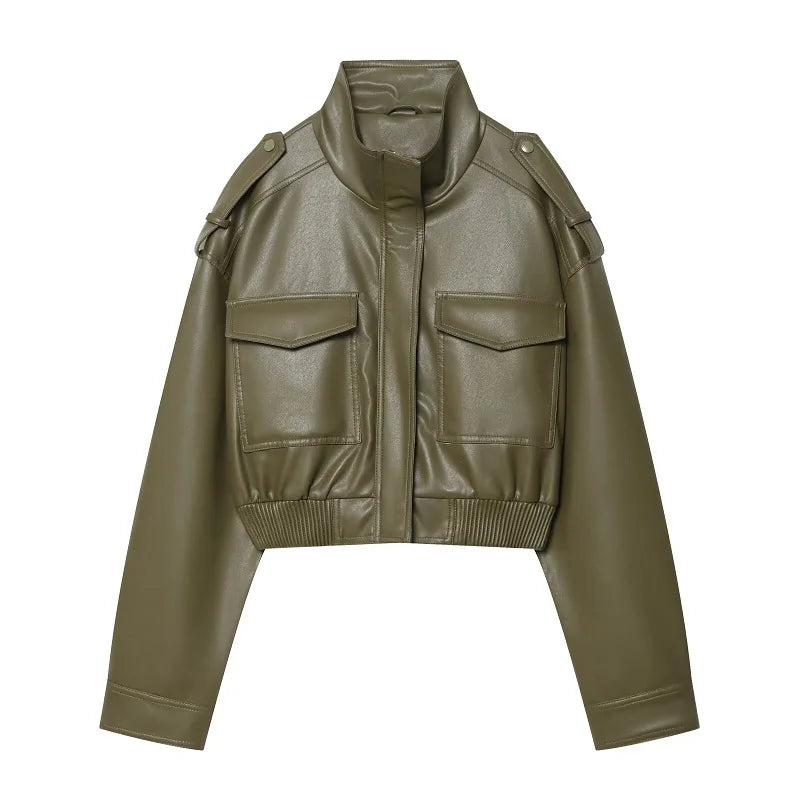 Mujer Faux Leather Cropped Bomber Jacket For Women Zipper Front Coat