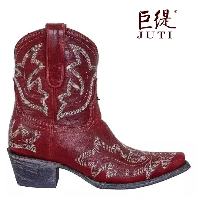 Casual Autumn Winter Western Cowboy Ankle Boots Women Snake Leather Cowgirl Booties Short Cossacks botas High Heels Shoes