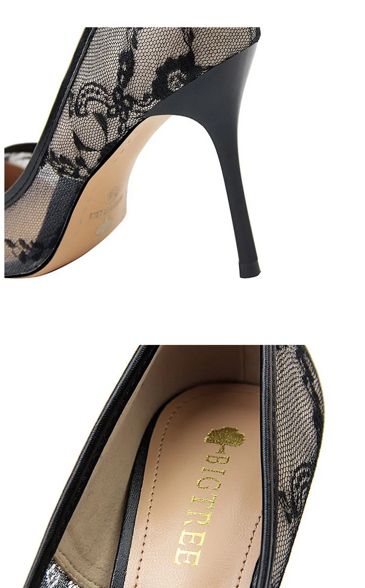Women Fashion Sexy Pumps High Heels Shoes Female Sexy Wedding Shoes Ladies Stiletto Women New Pointed Toe Mesh Hollow Lace Heels
