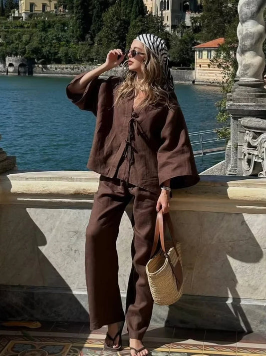 Brown Cotton Linen Loose Pants Set Women's Oversized V- Neck Buttons Shirts Suit Lady Summer Casual Daily Street Outfits