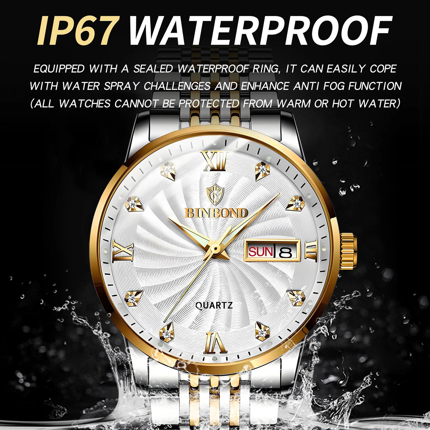 BINBOND Quartz Watches for Men Luxury Luminous Waterproof Precise Auto Date Week Display Men's Watch Casual Sturdy Reloj