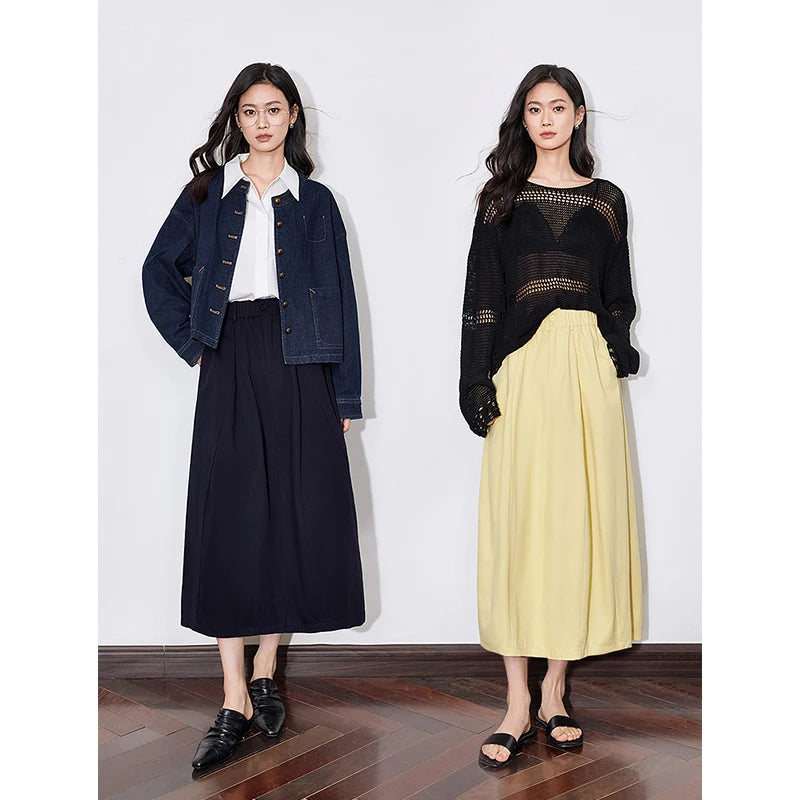 Toyouth Women Cotton A Line Umbrella Skirt Mid Calf Black