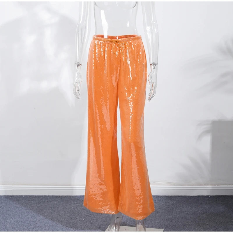 Women Sequin Pants Cinched Waist Glitter Baggy Straight Long Trousers
