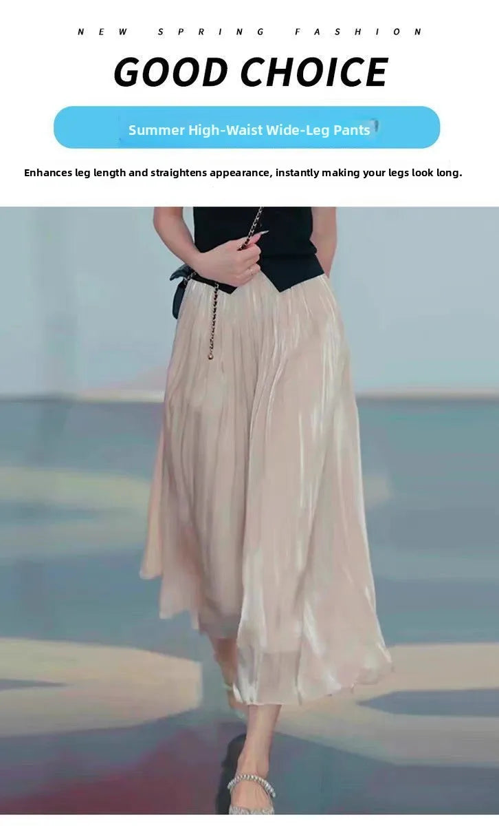 Summer Flowing Ice Silk Wide Leg Pants Women's plus Size Slimming Miniature Eighteen Skirt Pants High Waist Straight Leg Pants