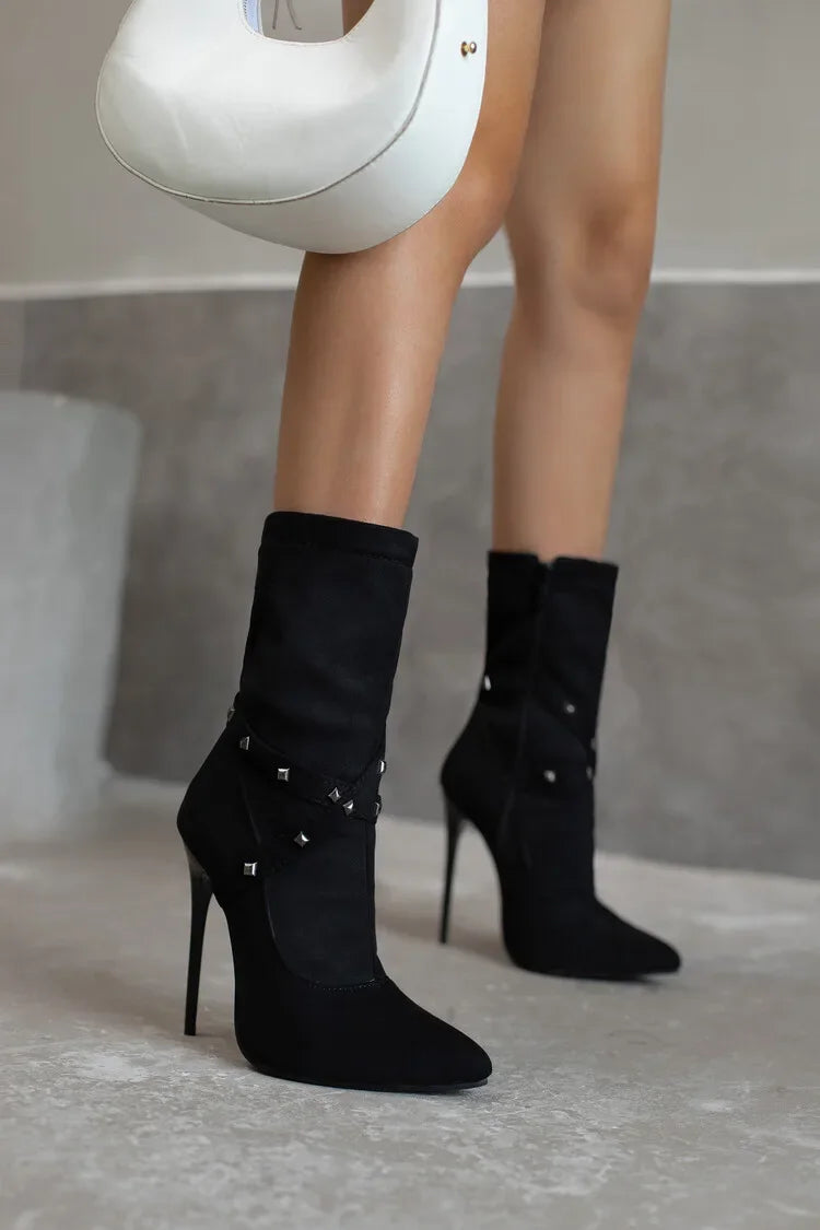 Autumn winter British style fashion high-heeled women's boots pointed toe Rivets party women's shoes high 12cm plus size 34-48