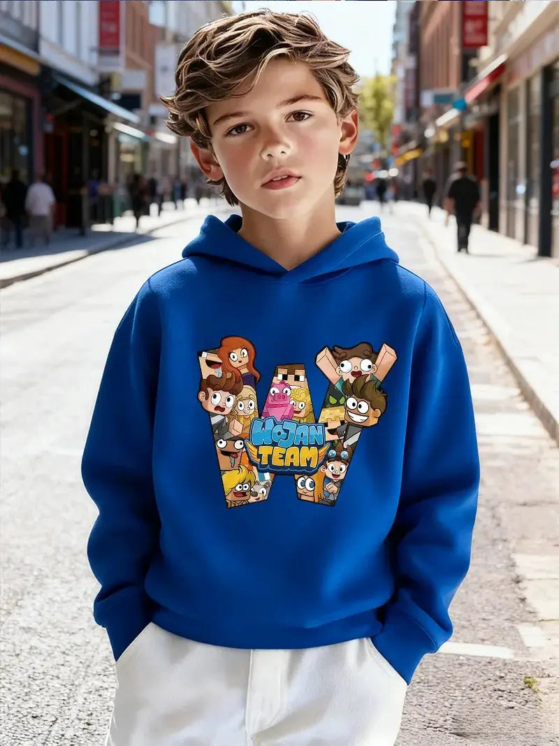 2026Kids'Wojan team character pattern children's hooded sweatshirt, suitable for daily wear in autumn and winter BAZAARHUBO