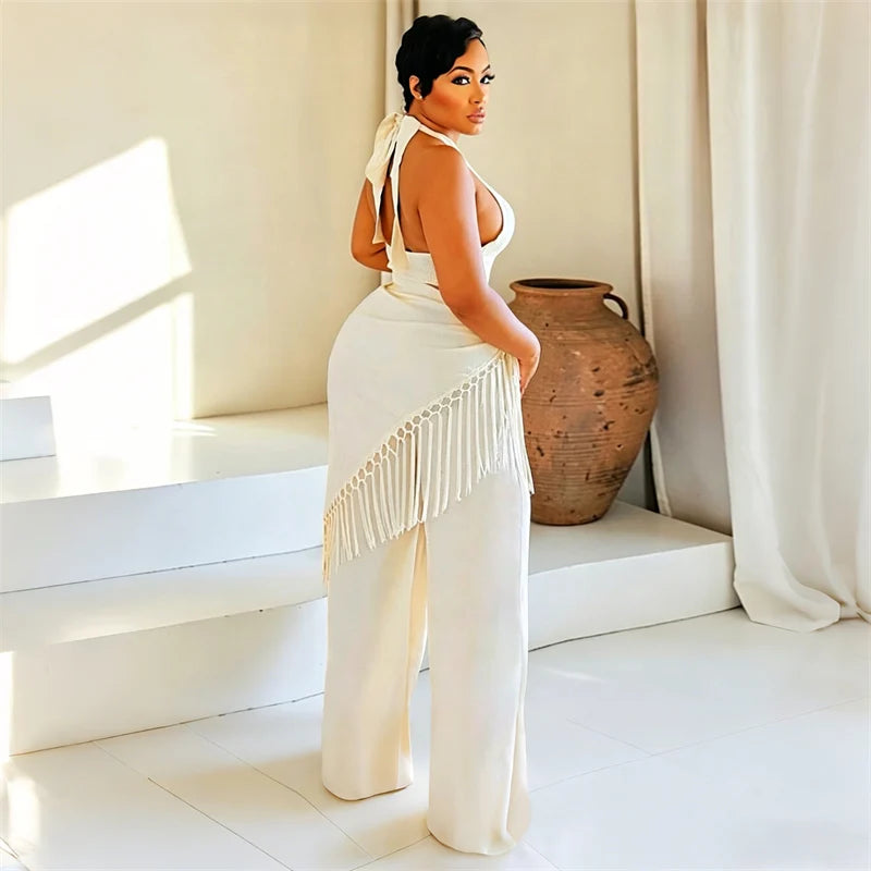 Sexy Two Piece Sets Woman Festival Outfit Birthday Club Party Bandage Halter Backless Crop Top and Tassel Pants Matching Sets