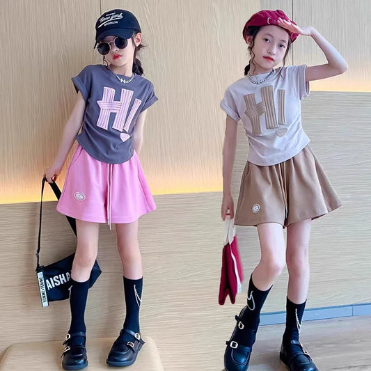 New Girls Summer Sets Children Casual Printed T-Shirt Suit Kids Short-Sleeve Top+Shorts Pcs Outfits Teenager Fashion Clothes