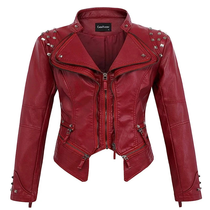 2025 Spring Women PU Leather Jacket With Suit Collar And Rivet Waist