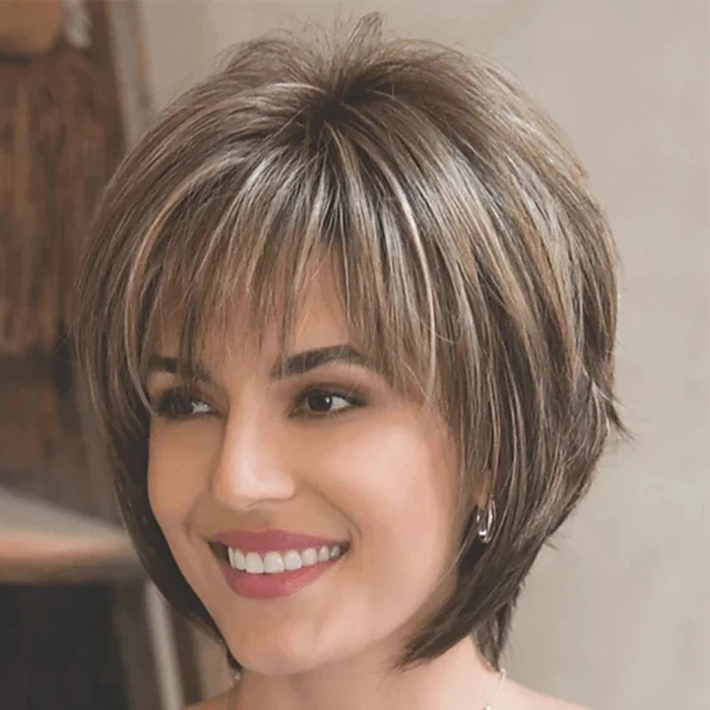 HAIRJOY Synthetic Hair Short Curly Brown Mixed Blonde Highlight Wigs with Bangs for White Women