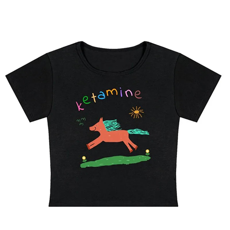 Summer new casual short-sleeve cute pony print Slim Blouse t-shirt kawaii crop top baby tee shirt vintage y2k clothes streetwear