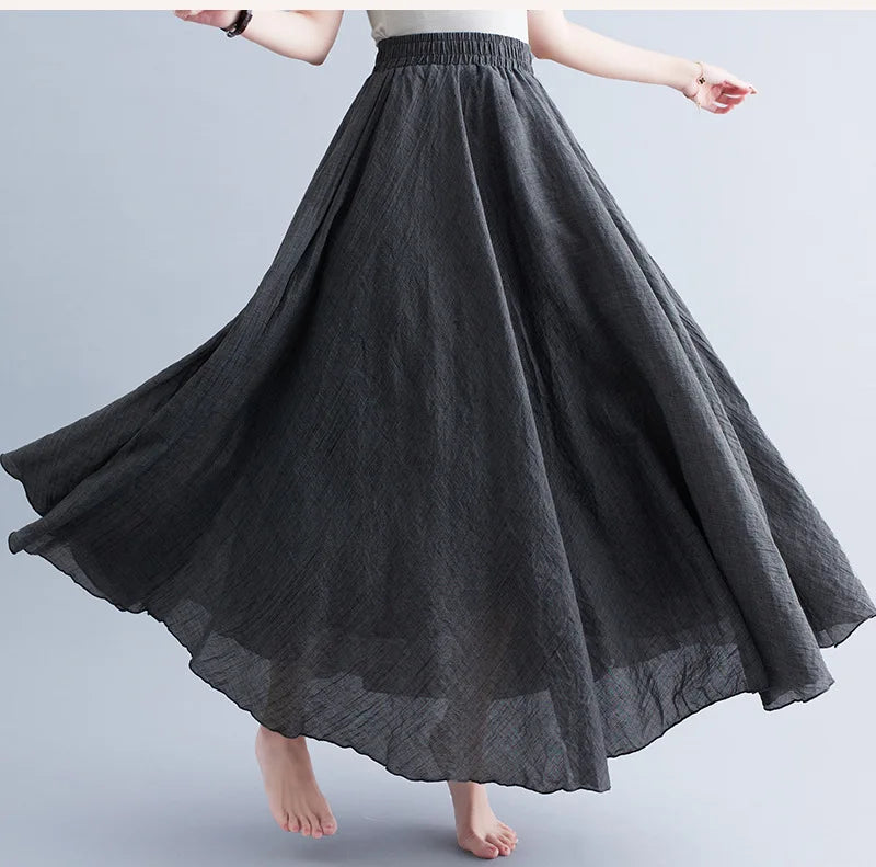 New 2020 Women Linen Cotton Long Elastic Waist Pleated Maxi Skirt Beach Vintage