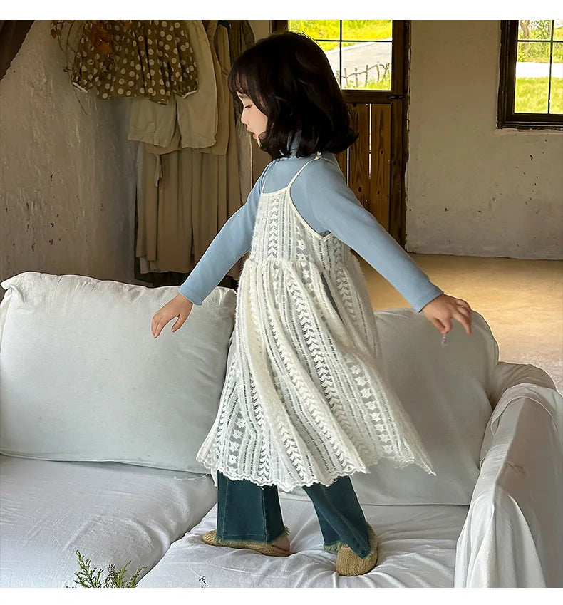 Girl Casual Dresses Autumn Winter Childrens Clothing New Korean 2026 Lace Camisole Skirt Washing Retro Make Old Jeans