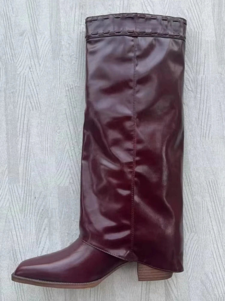 Elegant Temperament of European and American Women, Thick High Heels, Skirt Hem, Knee High Boots, Oversized Retro Knight Boots