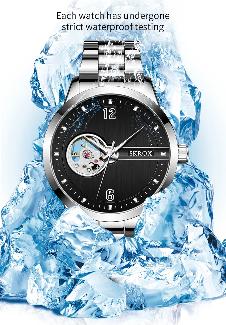 Original Genuine SKROX High-end Luxury Stainless Steel Skeleton Automatic Mens Watch Mechanical Waterproof Elegant Wrist Watches