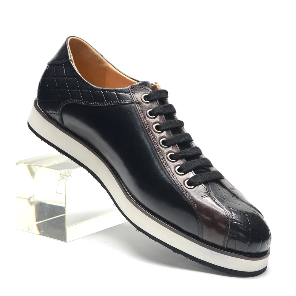 European Style Genuine Leather Men's Casual Shoes Luxury Plaid Business Social Black Flat Lace-Up Sneaker Shoes for Man