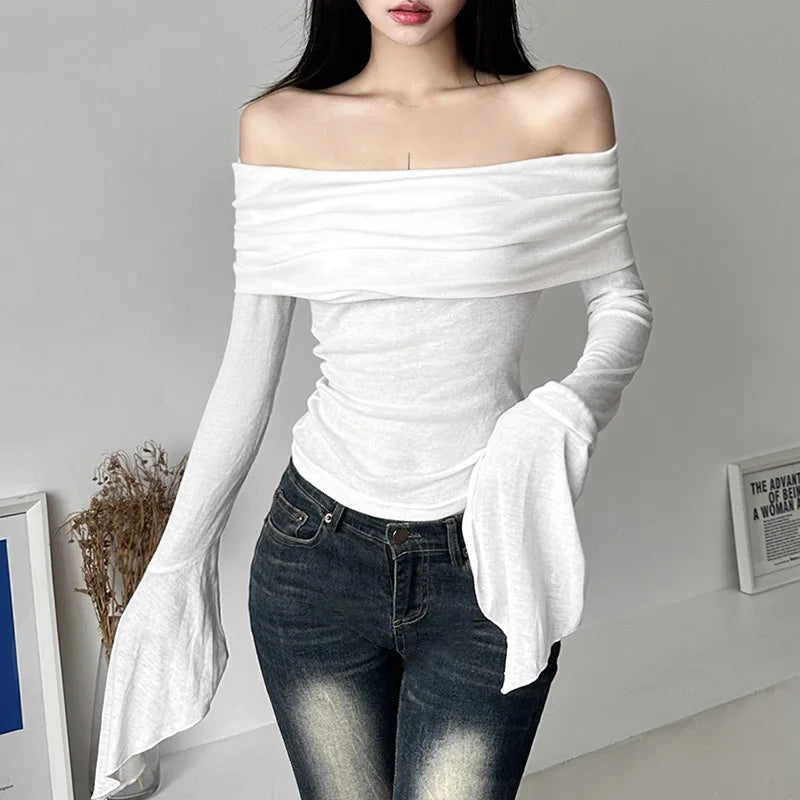 Y2k Aesthetic Women Translucence Tee Shirts Slash Neck Long Sleeve Solid Casual T-Shirts Vintage Off Shoulder Sexy Cute Tshirts