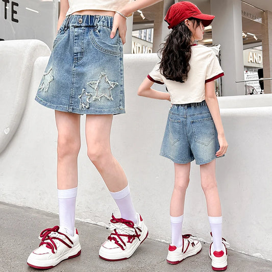 Trendy and Stylish Five-Pointed Star Denim Skirt Pants Suitable for Girls to Wear in Summer, Anti-Exposure, Five-Pointed Star Patch, Washed and Distressed Y2K Style