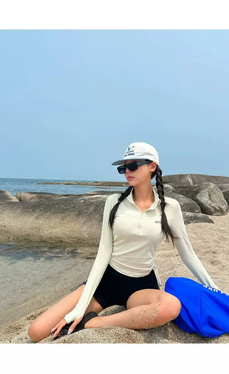 Swimwear Sports Style Long Sleeved Sunscreen Fashion Two-piece Set Women Conservative Slimming Effect Drawstring Flat Corner