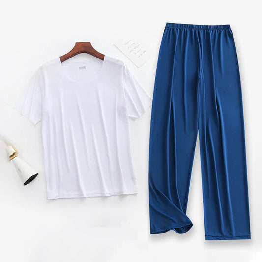 2Pcs/set Mens Ice Silk Short Sleeves T-Shirt & Long Pants Cool Thin Sleepwear Male Summer Pyjamas Home Clothing Nightwear Suit