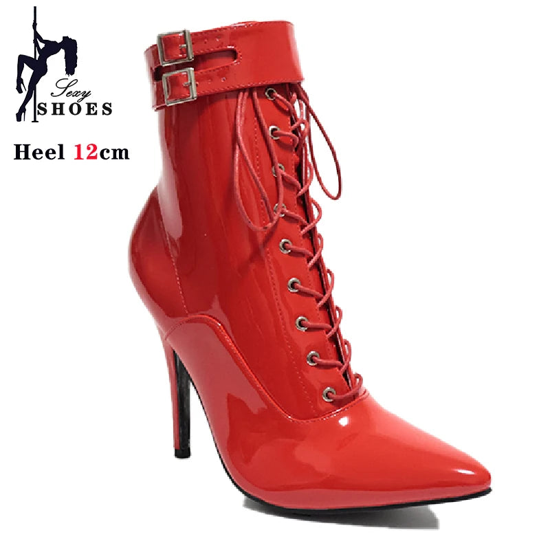 Cross-tied Pink Pointed Toe Ankle Boots 12cm Sexy Fetish Stripper Shoes Patent Leather ZIP Short Boots Women Heels Plus Size 46