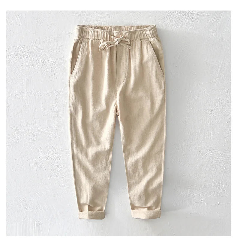 70% Linen,30% Cotton Men's Drawstring Elastic Waist Casual Pants, Straight Loose Ramie Trousers, Camping Fishing Comfortable