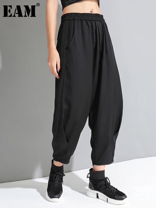 [EAM] High Elastic Waist Black Pleated Long Wide Leg Trousers New Loose Fit Pants Women Fashion Tide Spring Summer 2026 1U320