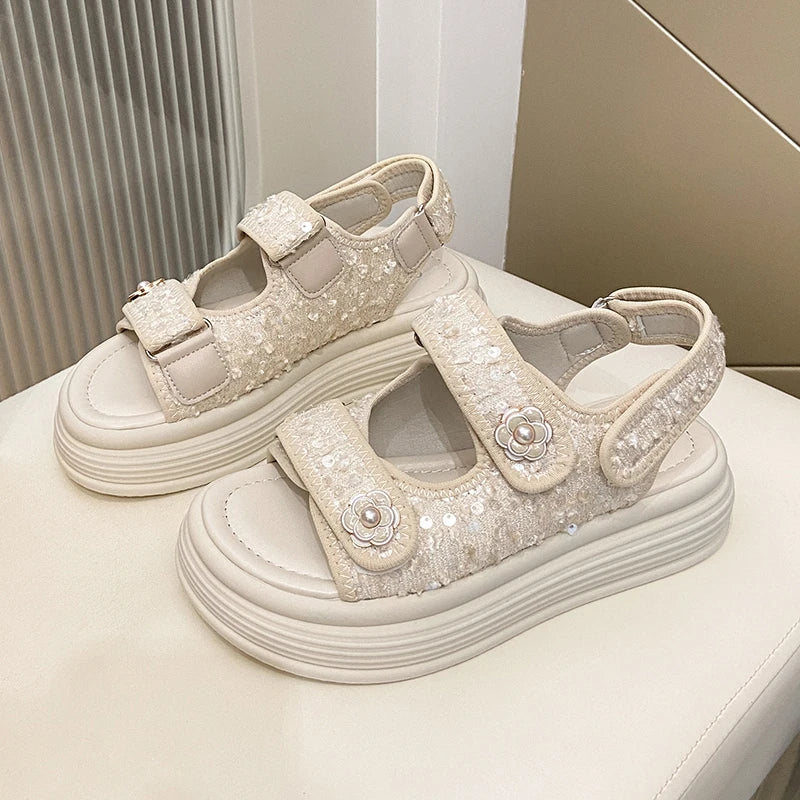 Women's Platform Sandals Handmade Leather Rubber Bottom Flat Sandals Metal Decorative Element Summer Casual Ladies Outdoor Shoes