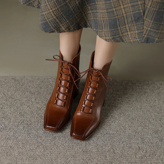2026 Fashion Women Shoes Split Leather Short Boots Square Toe Chunky Boots Winter Shoes Women Solid High Heel Boots for Women