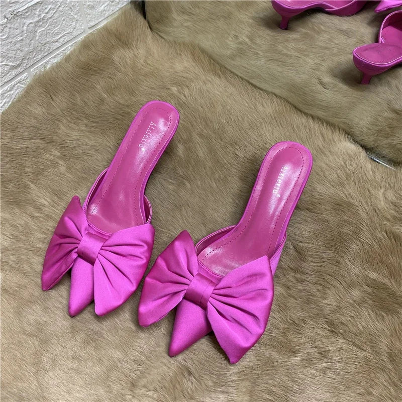 2024 Spring Pointed Toe Stiletto Heel Kitten Heels Bow Heel-Free Slippers for Women