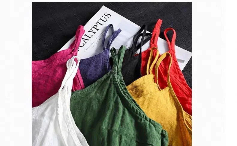 Women's Summer Top Cotton Linen Spaghetti Strap Top Women Halter V Neck Basic Yellow Sleeveless Tank Tops Loose Casual Camis