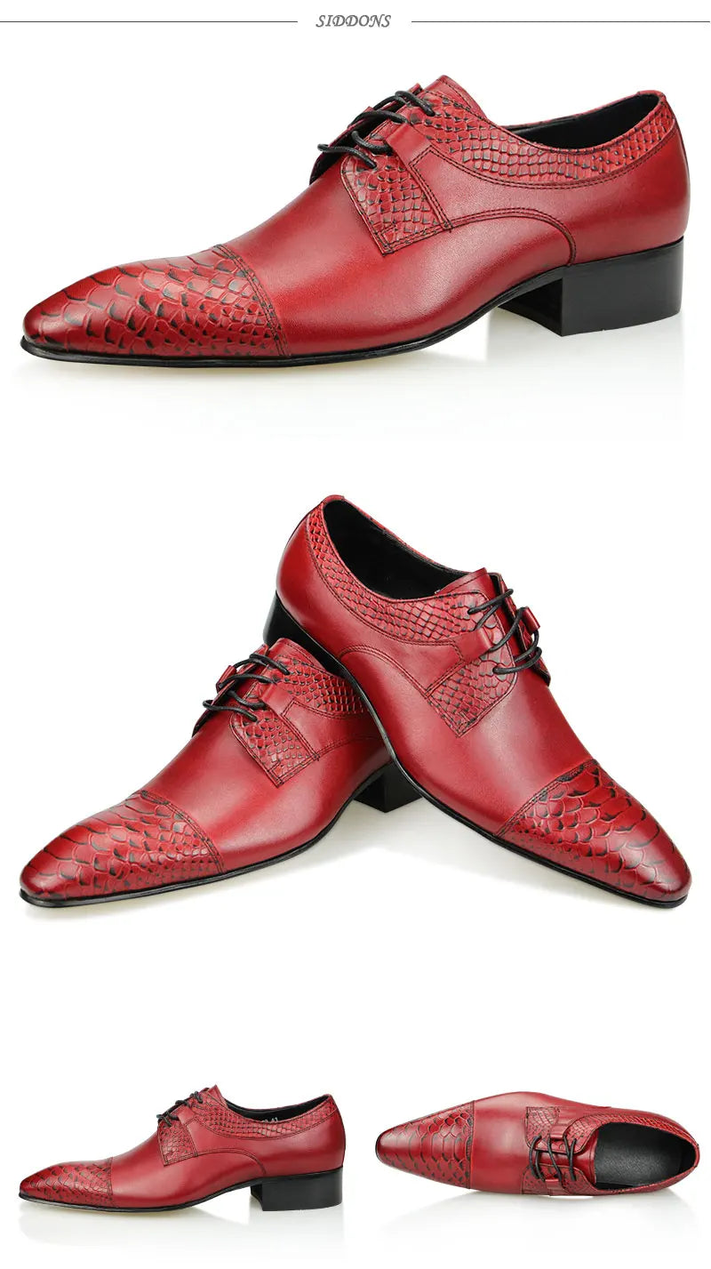 Luxury Wedding Red Shoes For Men Lace Up Fashion Derby Shoes Formal Business Office Genuine Leather Pointed Toe Dress Man Shoe