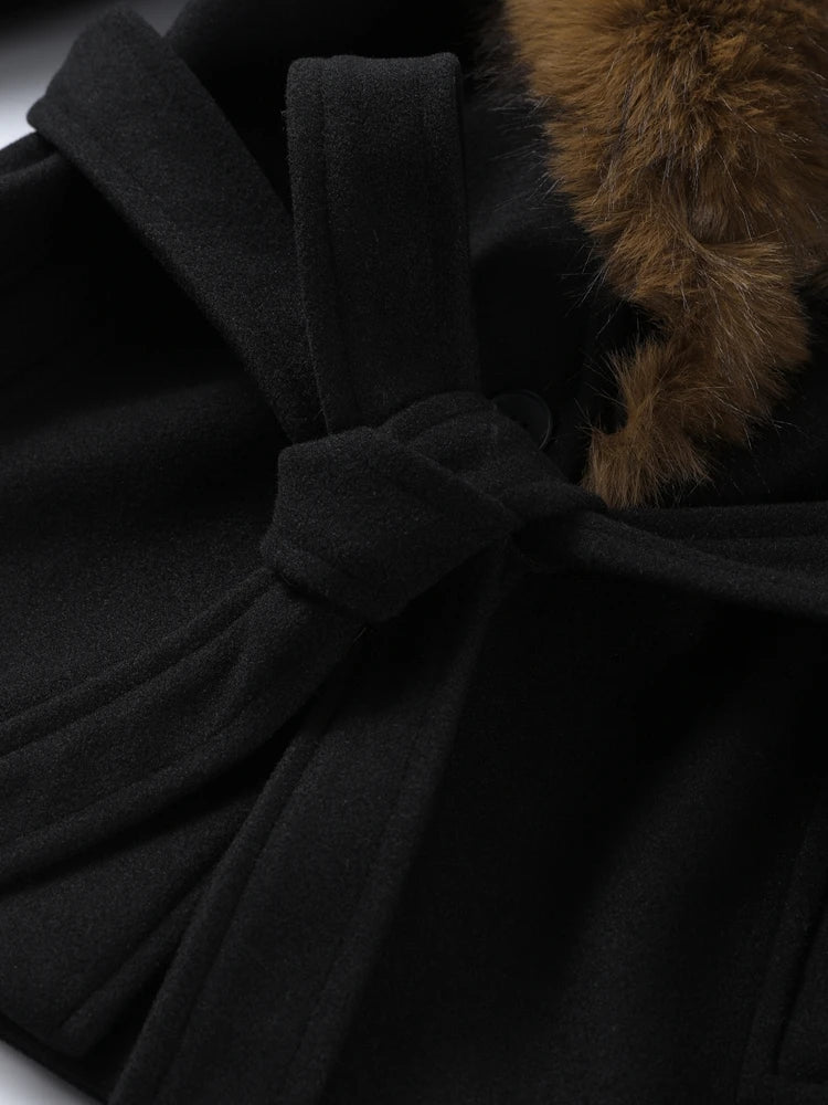 Faux Fur Collar Lace Up Woolen Overcoat Women Elegant Full Sleeve Waist Cinching Autumn Winter Bomber Coats Chic Lady Outerwears