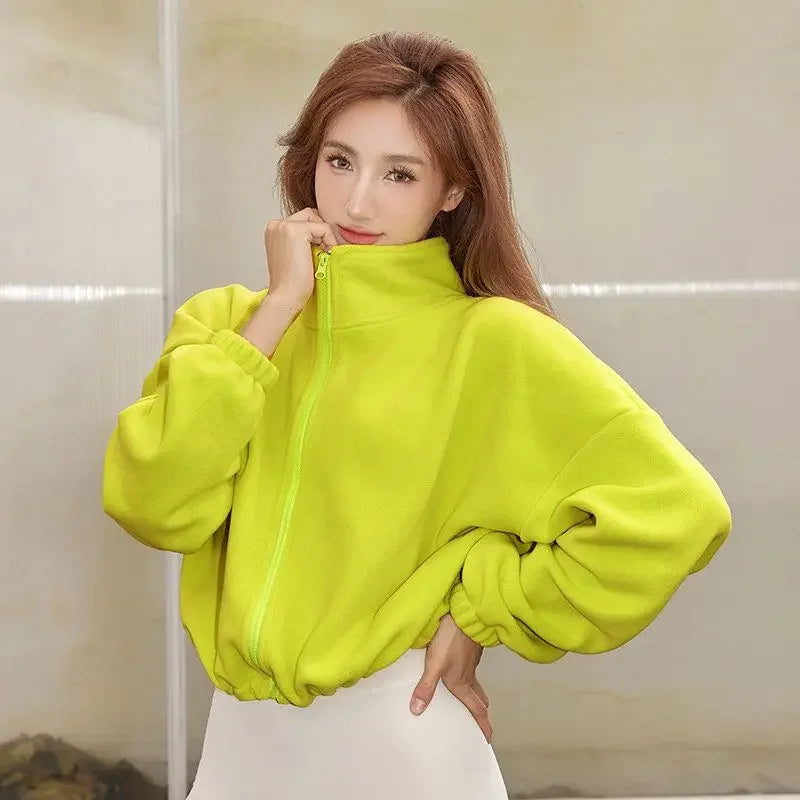 Women Loose Cropped Jacket Loose Zipper Sweatshirt Y2k Long Sleeve Coat Cardigan Sportswear Streetwear Drawstring Tops Clothing