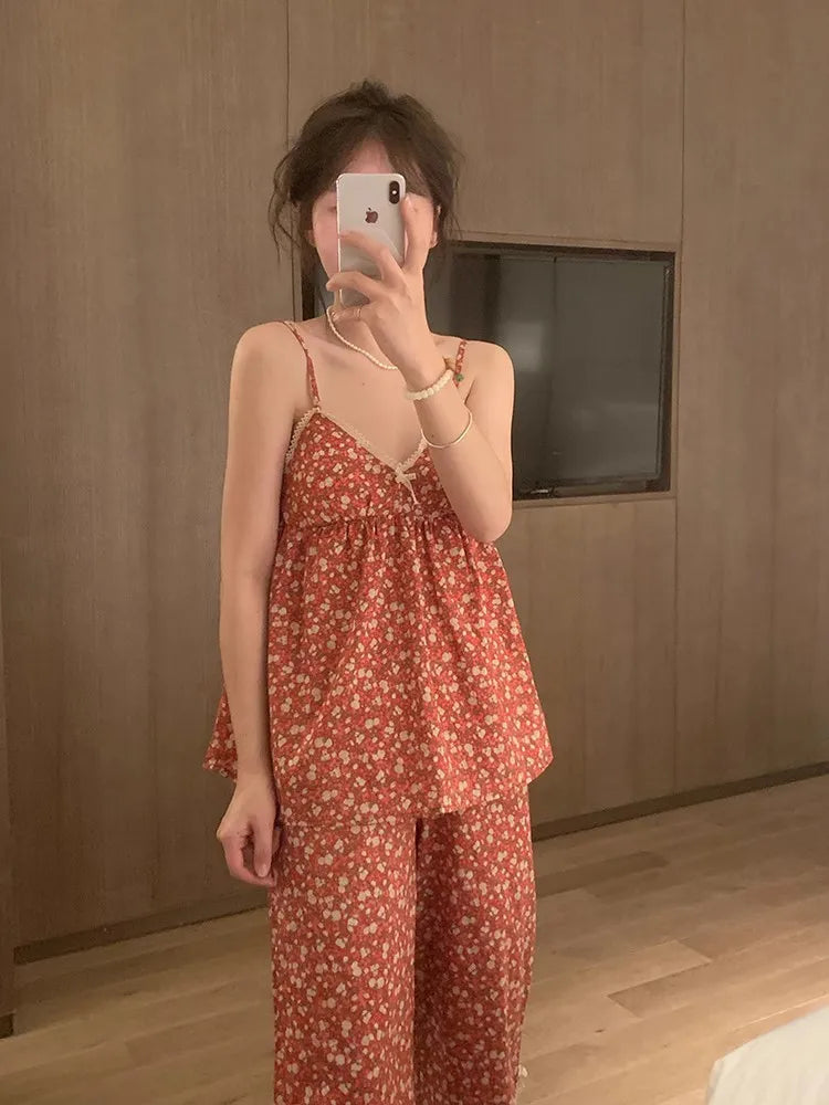 New Summer Vintage Floral Print Pajama Set with Padded Straps and Long Pants for Girls – Women's Summer Loungewear and Sleepwear