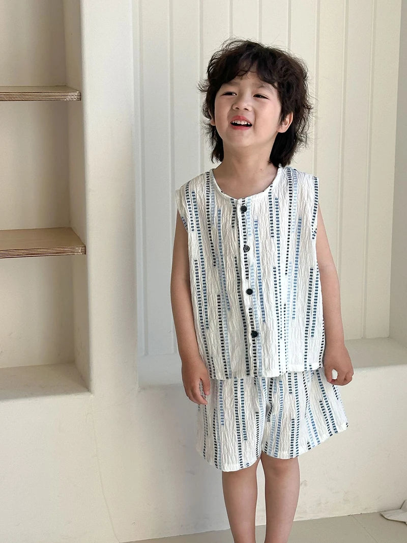 Summer Children's Vest Set Girls Lace Top Suit Kids Embroidered Striped Tank Top and Shorts 2Pcs Boys Casual Suit Sibling Outfit