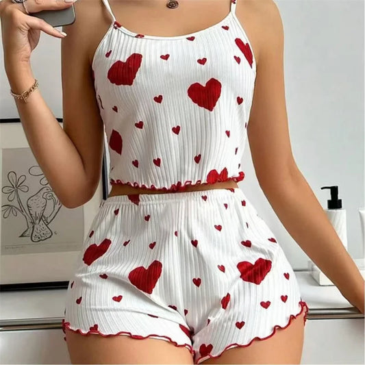 5 Size Choose S M L XL 2XL Women's Pajamas Set Straps Sleepwear Vest + Shorts Red Heart Print Nightwear Sexy Lingerie