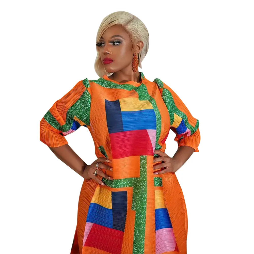 African Dresses for Women Summer Fashion Style African 3/4 Sleeve Polyester O-neck Pleated Dress Dashiki African Clothes Women