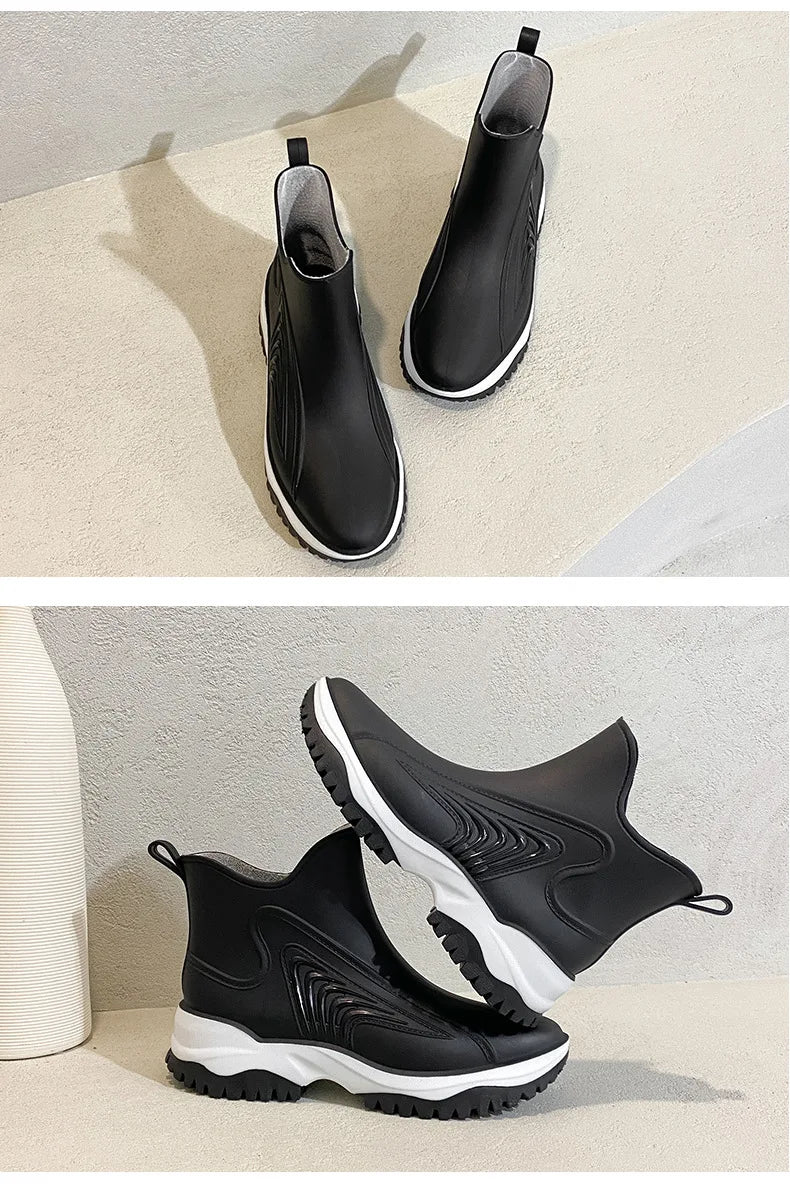 Women Rainboots Slip-on Waterproof Girls Ankle Boots PVC Anti-Slip Spring Autumn Rain Shoes Platform Woman Fishing Rubber Shoes