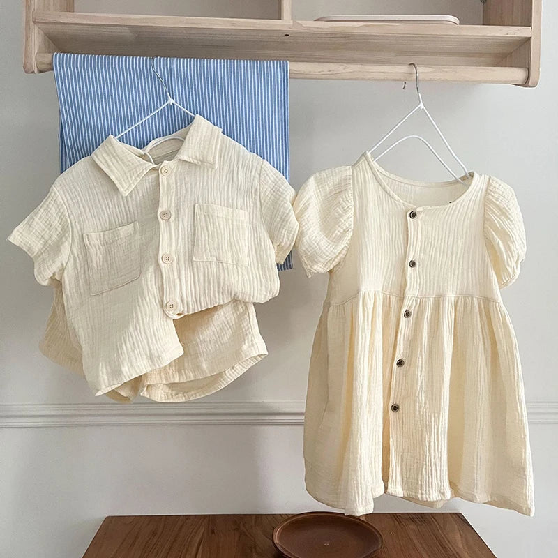 Children's Summer Clothing Set Boys' Short Sleeve Shirt Shorts 2pcs Casual Suit Girls' Solid Color Dress Sister Brother Outfit