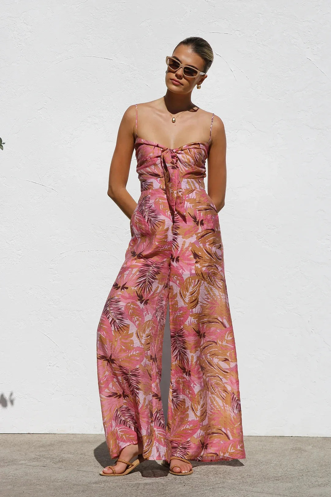 Beach Style Camisole Jumpsuit Waist Hugging Camisole Skirt Bow Tie Wide Leg Pants Vacation Jumpsuit Women's Rompers Dresses