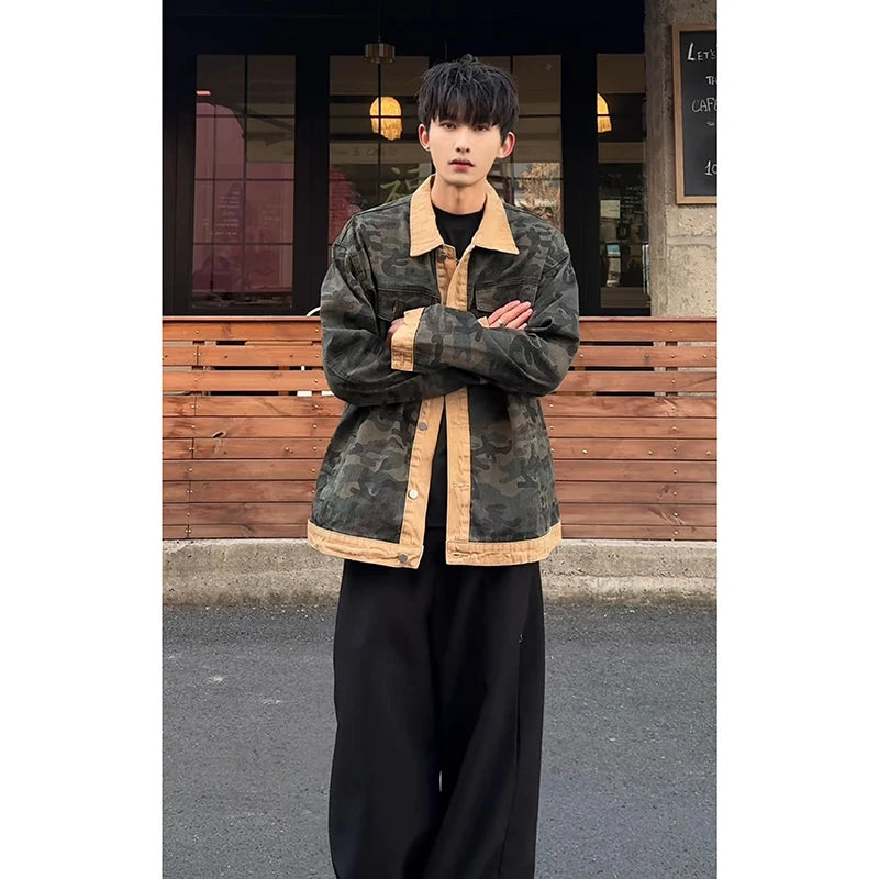 Men's Camouflage Denim Jacket Autumn Washed Turn down Collar Single-Breasted Long Sleeve Loose Fit Vintage Workwear Street Style