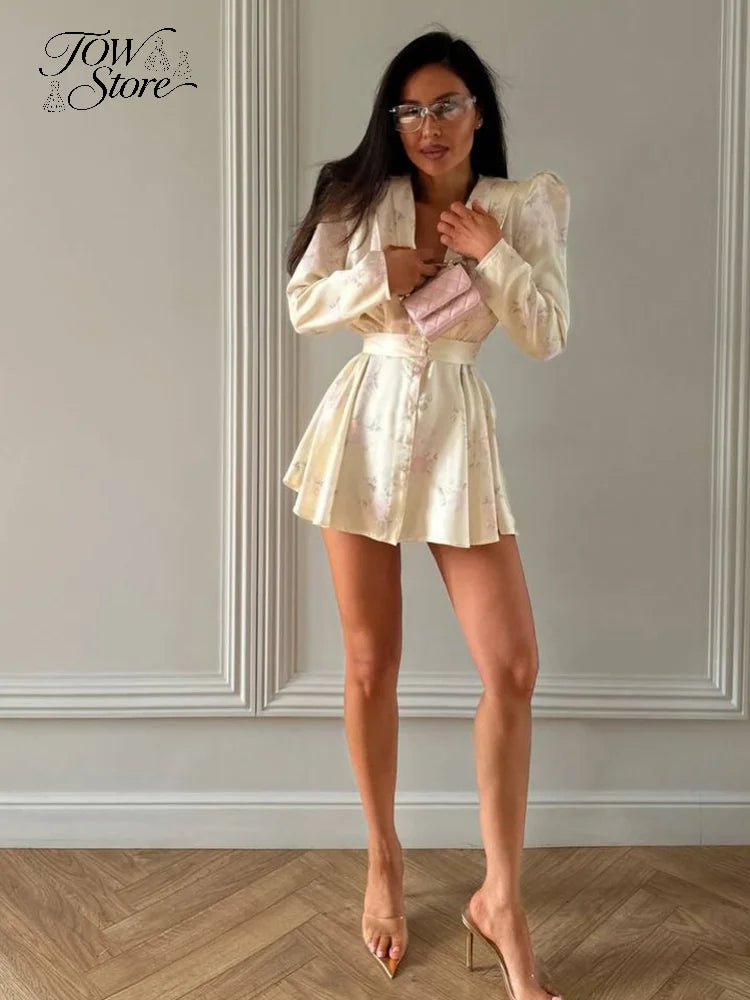 Elegant Floral Printed Waist-cinched Mini Dress Women Pleated Deep V-neck Long Sleeve Button-front Dresses Fashion Party Robe