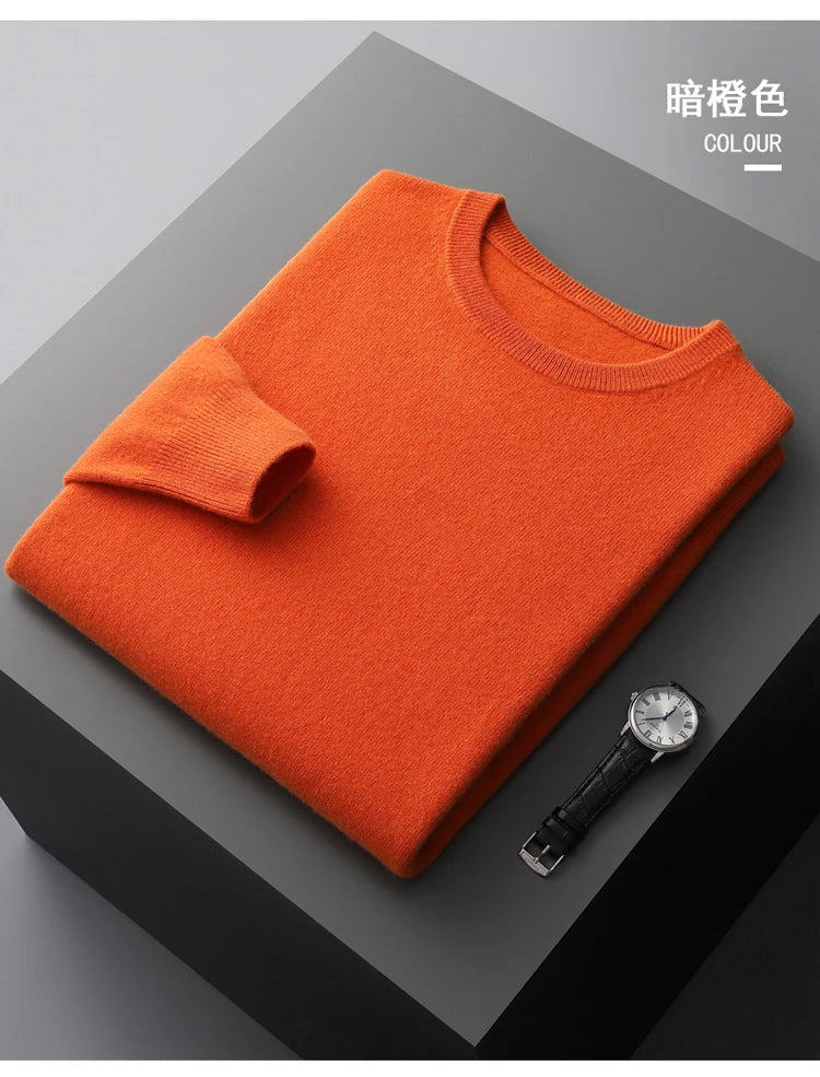 100% Merino Wool Sweater Men's O Neck Pullover Tops One-piece ready-to-wear Autumn Winter Solid Color Sweater Versatile Basic