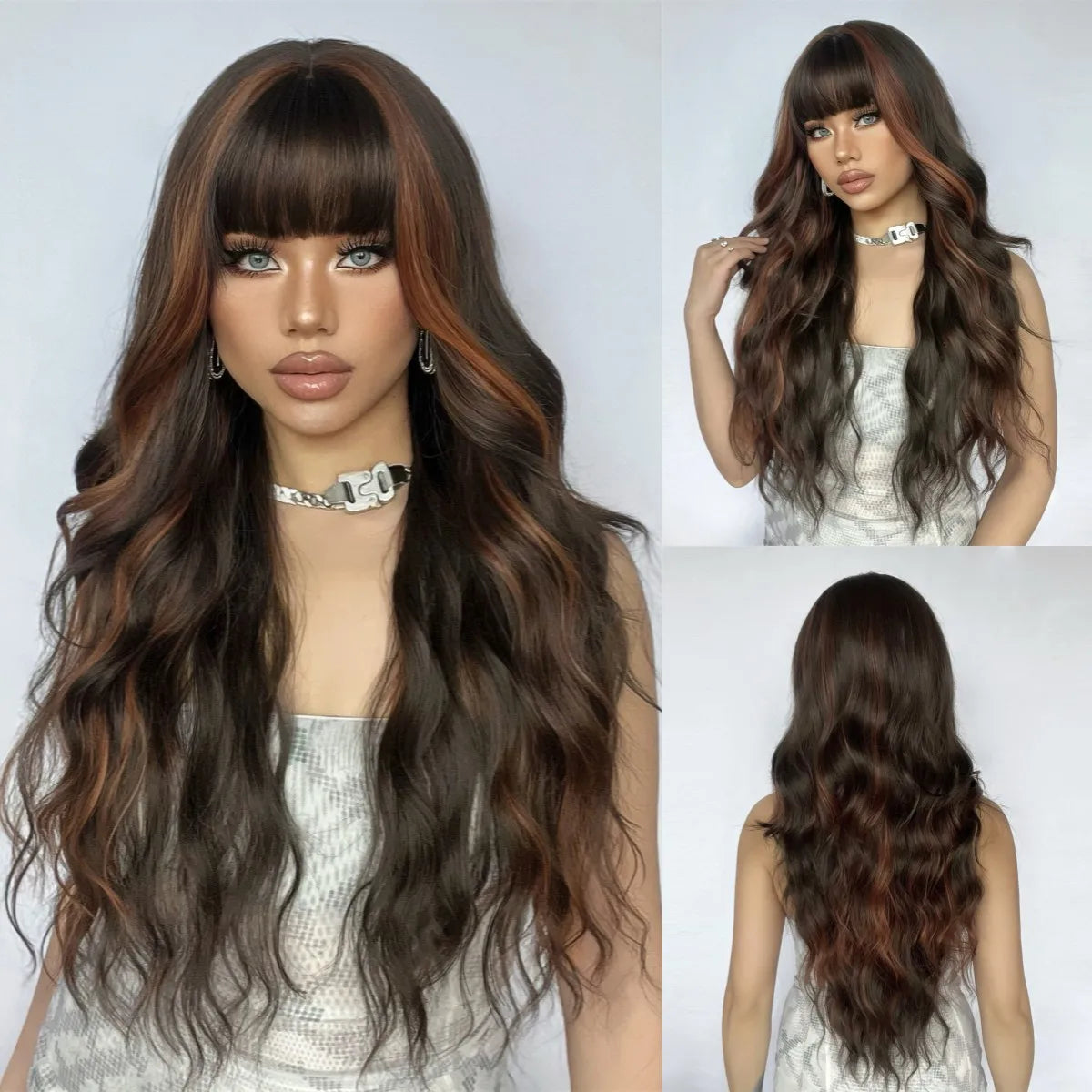 EASIHAIR Dark Brown Long Curly Synthetic Wig with Bangs Brown Women's Wigs for Cosplay Daily Use Heat Resistant Natural Hair