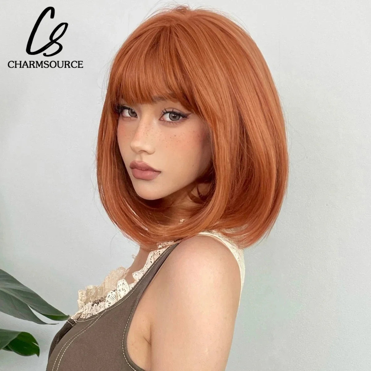 Copper Ginger Short Bob Straight Synthetic Wig with Bangs Heat Resistant Natural Looking Hair for Women Daily Use Cosplay Party