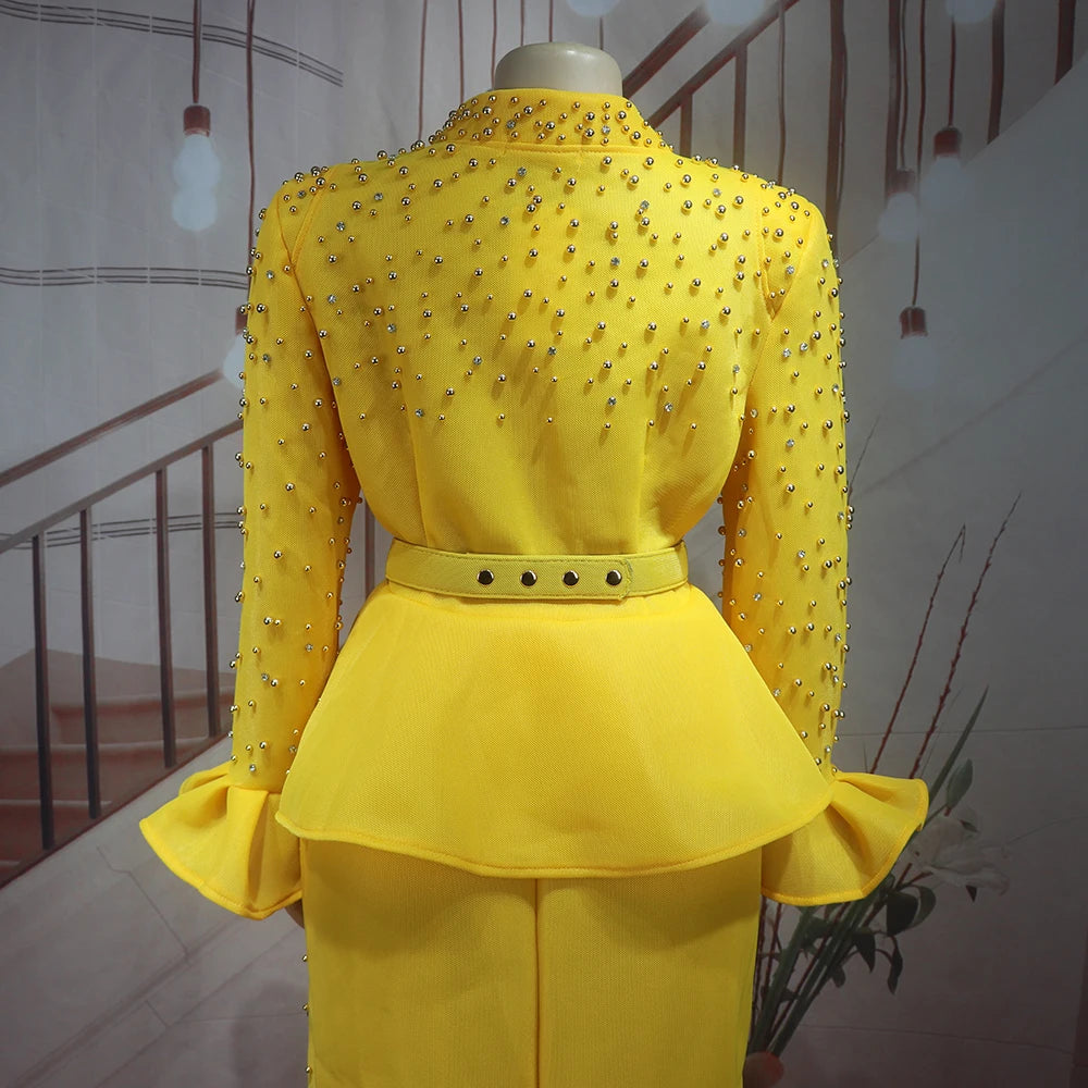 Fashion Suit African Dresses for Woman Rhinestone Turkey Dresses for Women Luxury High Quality Mesh Fabric African Beaded Dress