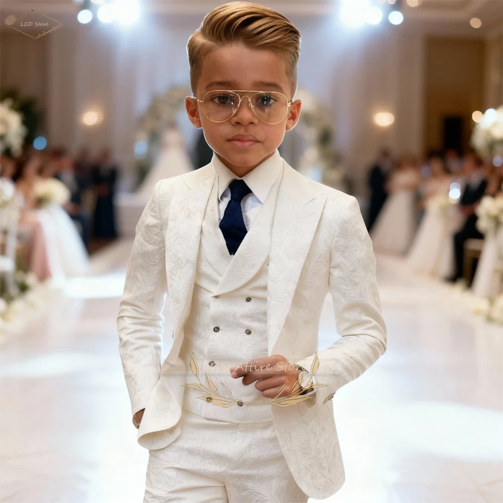 Kids Boys 3 Piece Intricate Jacquard Texture Blazer Suit Vest Trousers Elegant Gentleman Wedding Ceremony Formal Dress