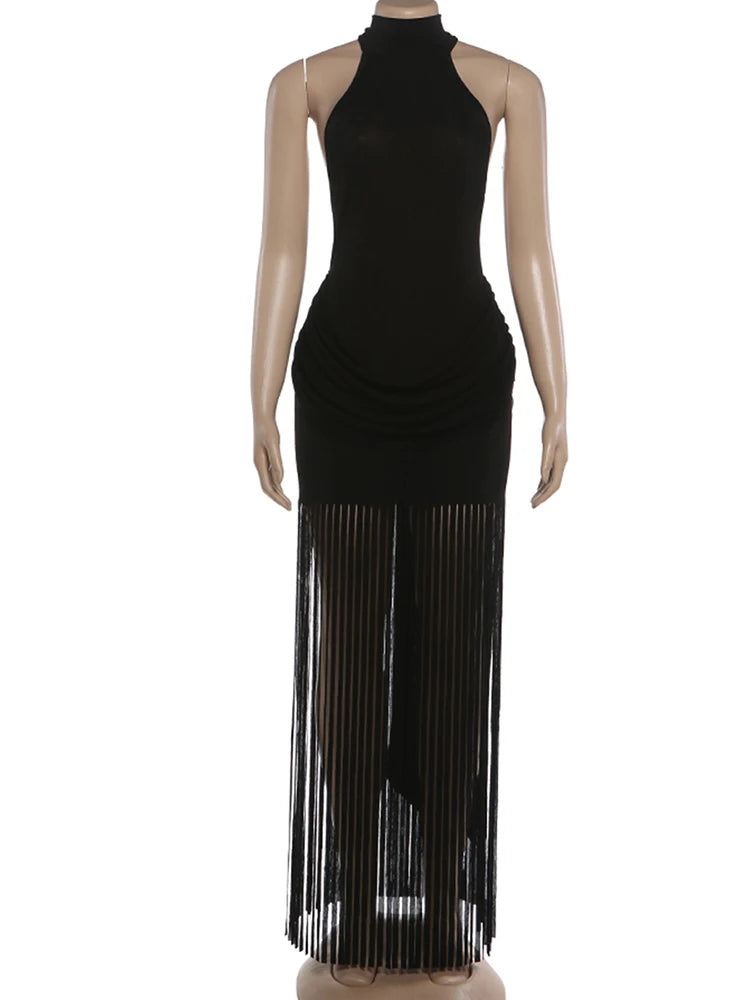 Weird Puss Velvet Halter Dress Women Ruched Patchwork Tassel Hem Backless Bodycon